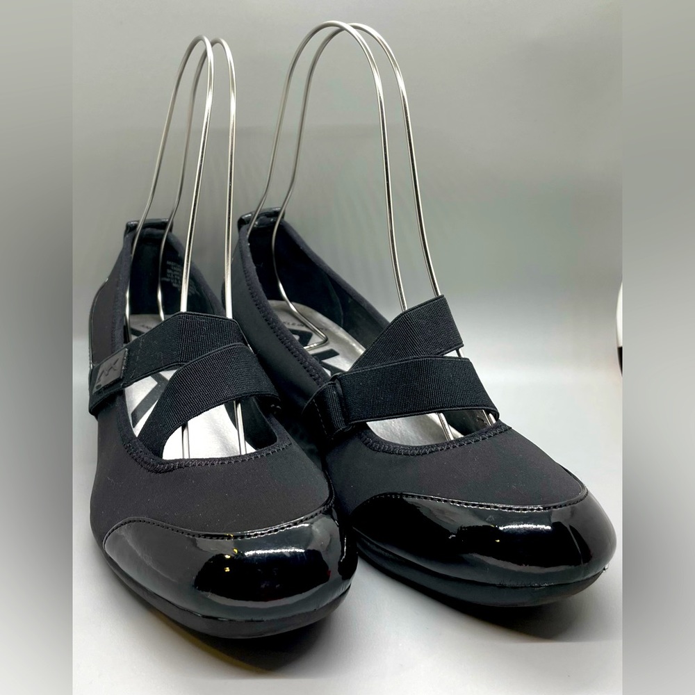 Anne Klein Sport, By the Way, Patent Leather/Fabric, Wedge Heel, Black 8.